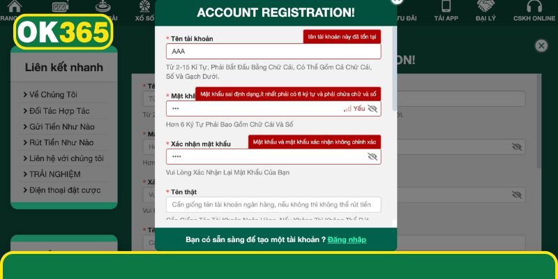 Xử lí lỗi khi tạo tài khoản tại nhà cái OK365